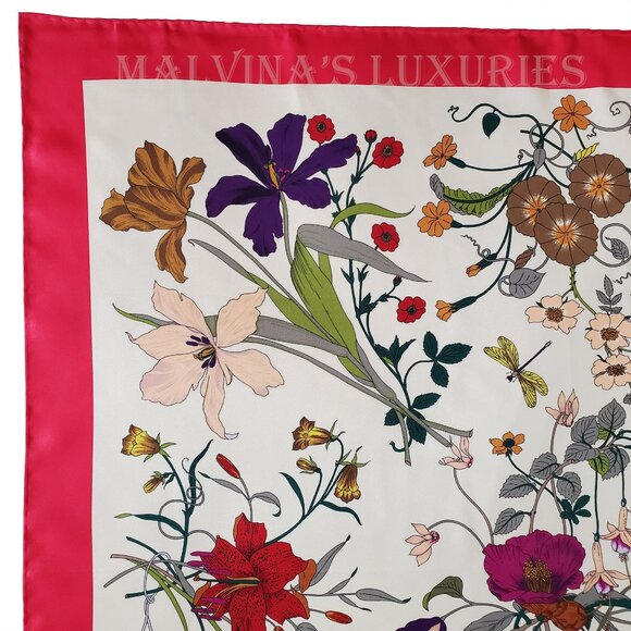 GUCCI SCARF FLORA GOTHIC PRINT IVORY SILK RASPBERRY BORDER SQUARE 35" - Picture 12 of 15